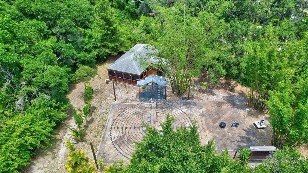 AERIAL OF LABYRINTH AND LARGE PAVILION GAZEBO