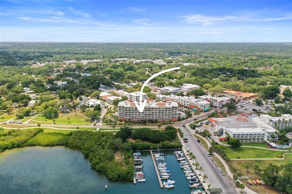 Great shot of the Marina (foreground), Safety Harbor Spa to the right and popular Main St.