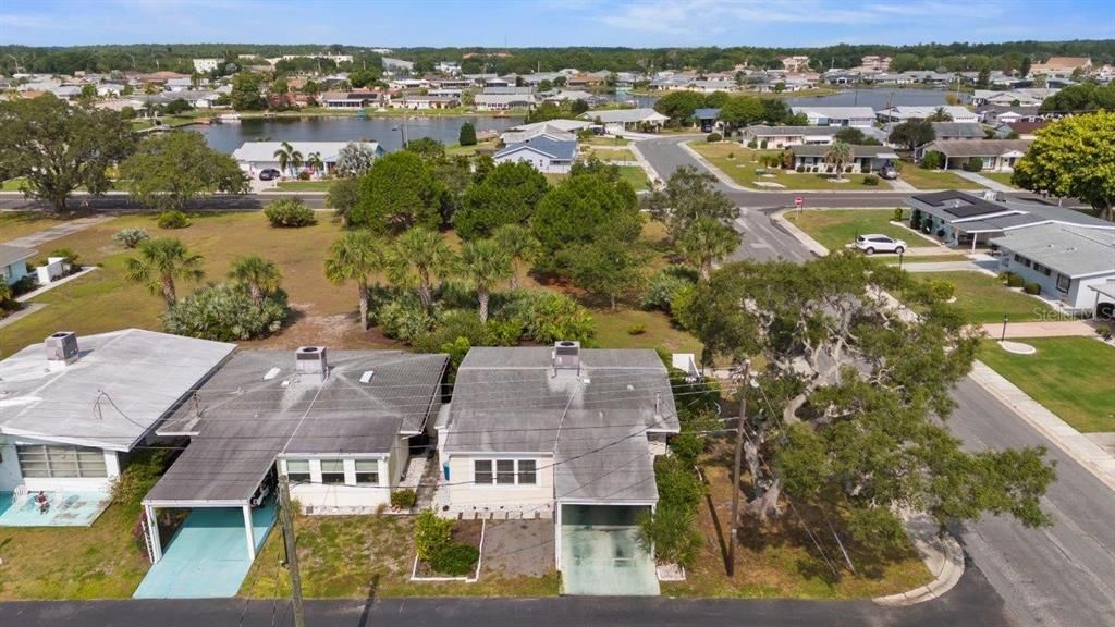 Aerial of the front elevation showing the surrounding area.