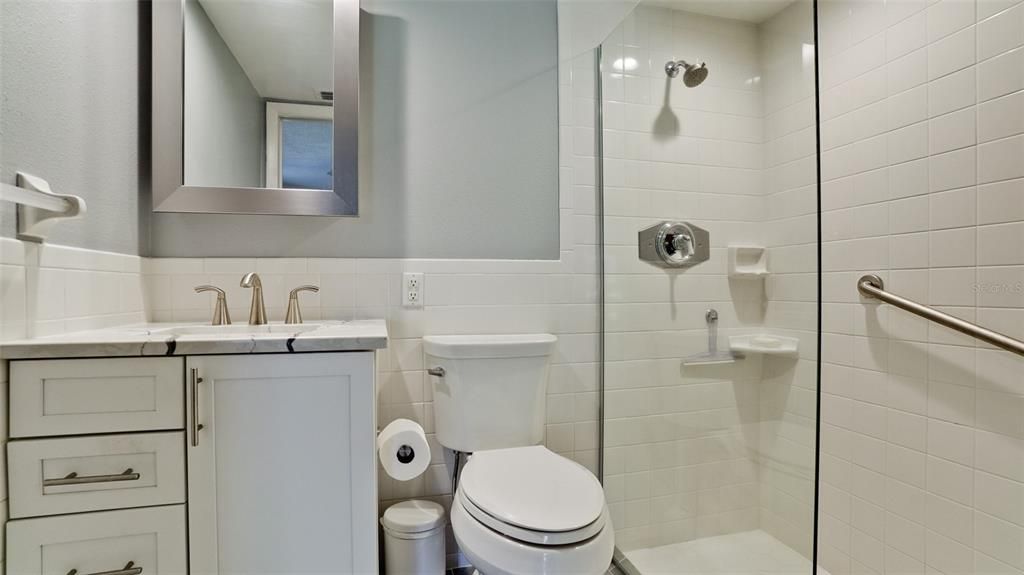 MASTER BATHROOM UPDATED WITH GRANITE TOP VANITY, NEW LIGHTING, MIRROR, WHITE TILE SURROUND ONLARGE SHOWER