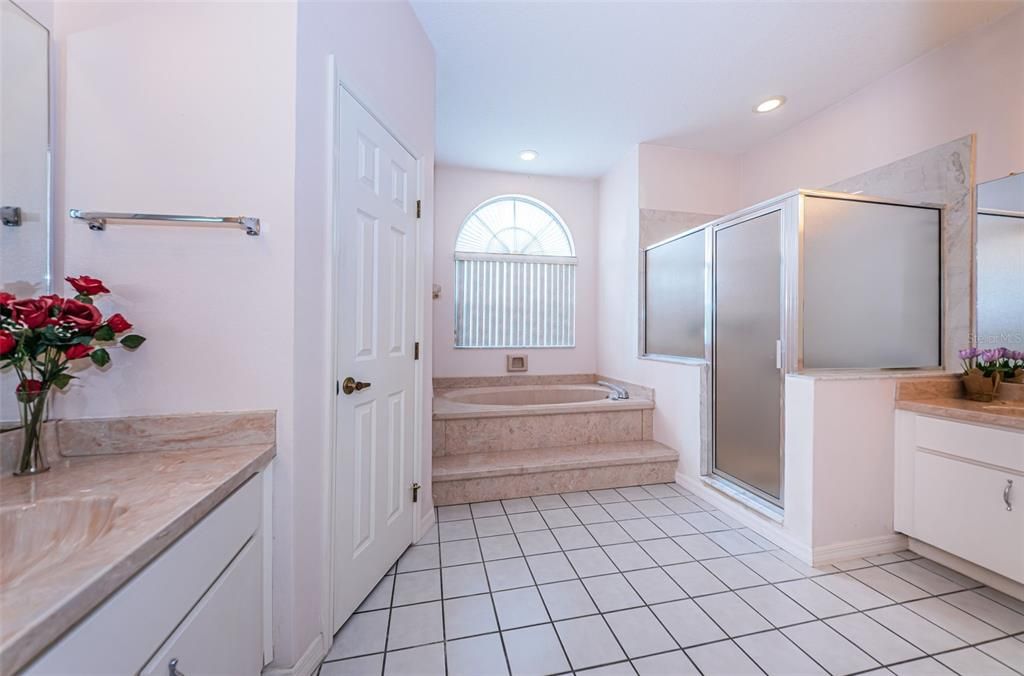 Master bath with dual vanity, standing shower and garden tub