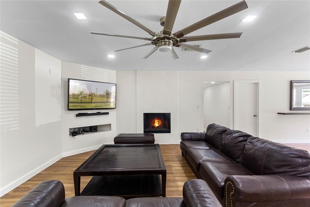 Living Room with wood-burning fireplace