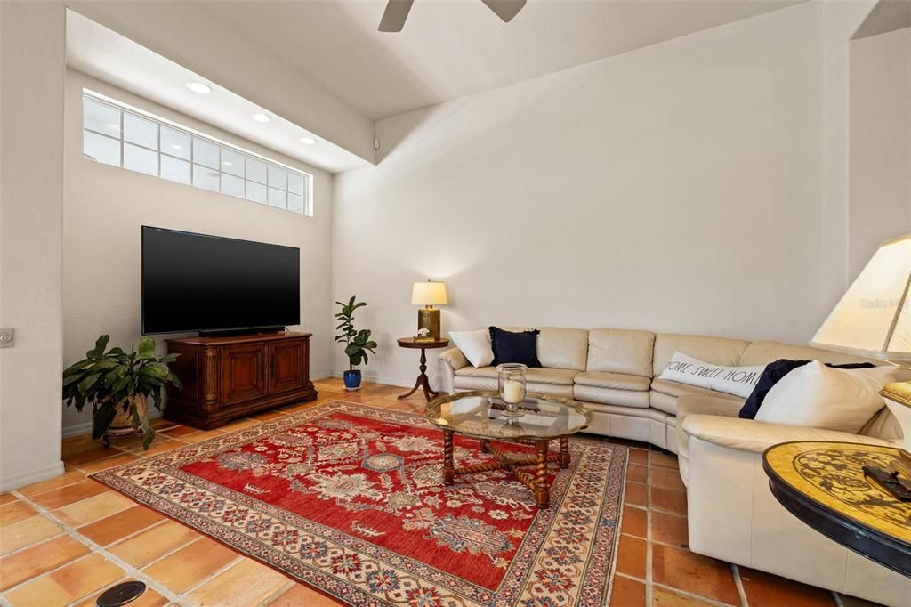 Soaring ceilings in family room