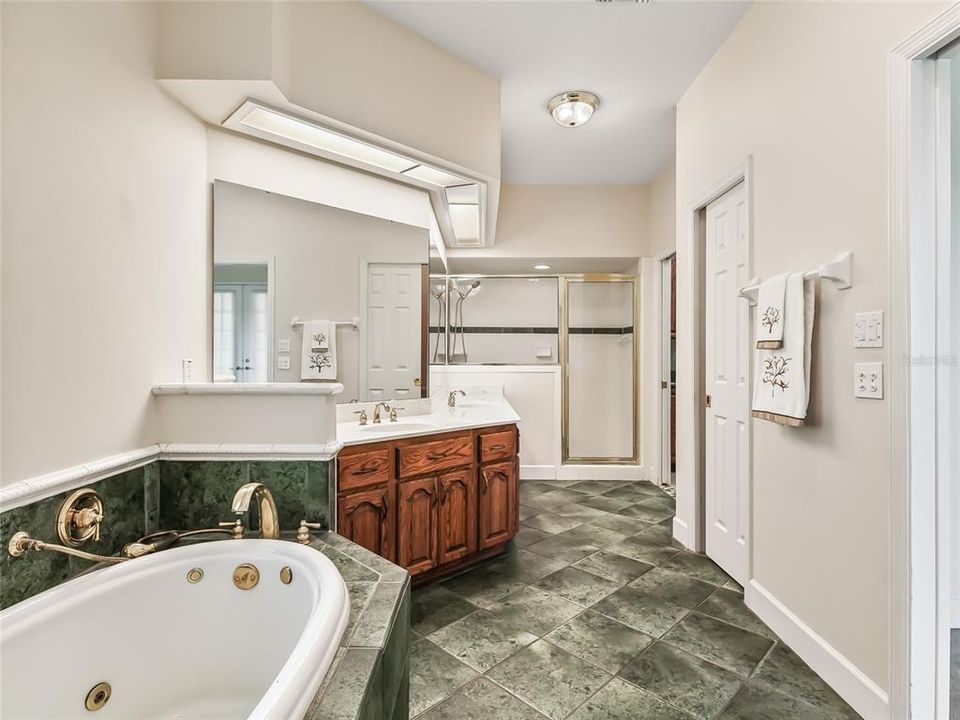 Partial view of main bath showing jetted tub, double sinks, and shower area