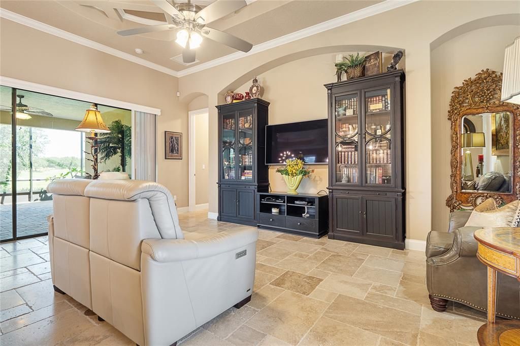 Family room with gorgeous coffered ceiling