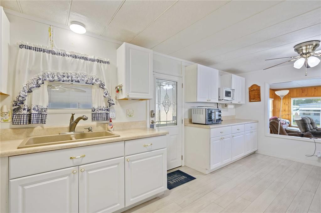 Open kitchen with eating area.