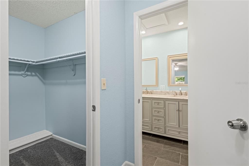 Primary walk-in closet and view of en-suite bathroom