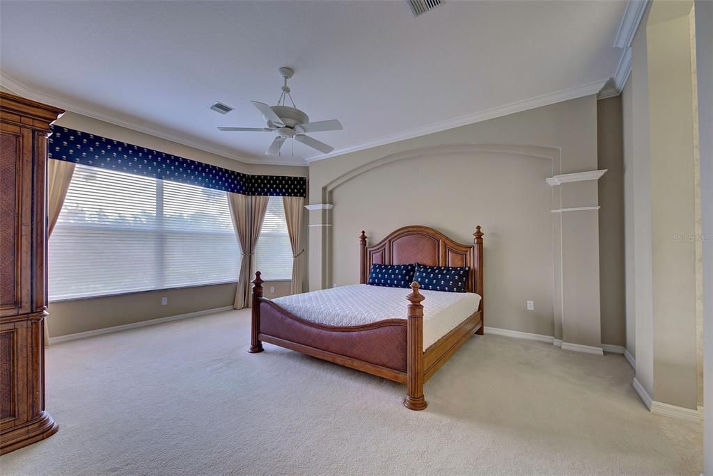 Luxurious primary suite it spacious and crown molding adds class.