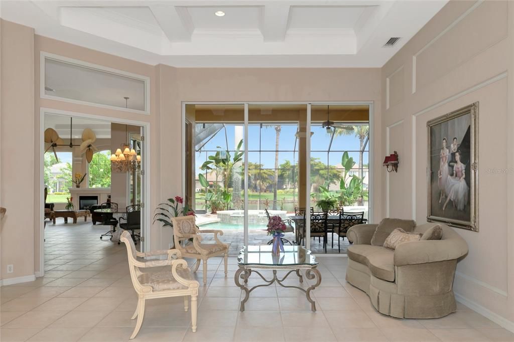 Living room overlooking pool.