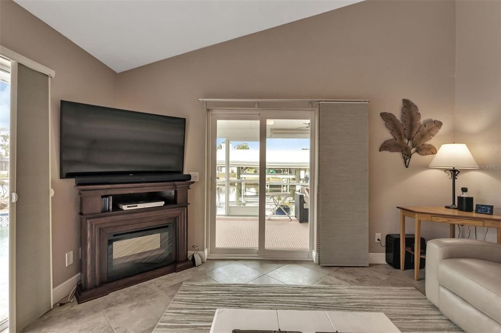 Family room offers water views.