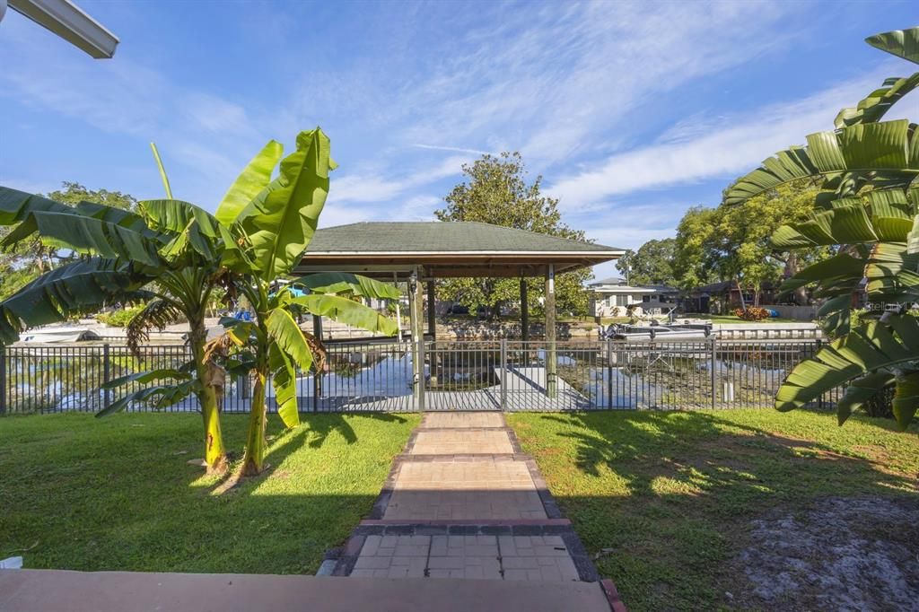 The view looking towards the covered lift and dock.