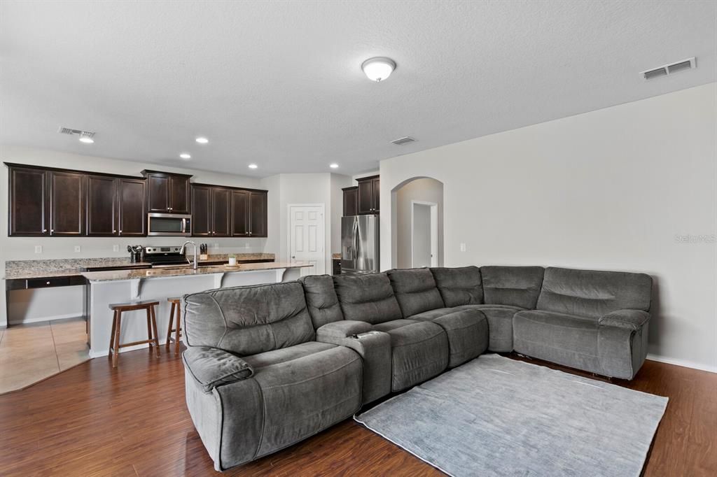 Family room views looking towards kitchen