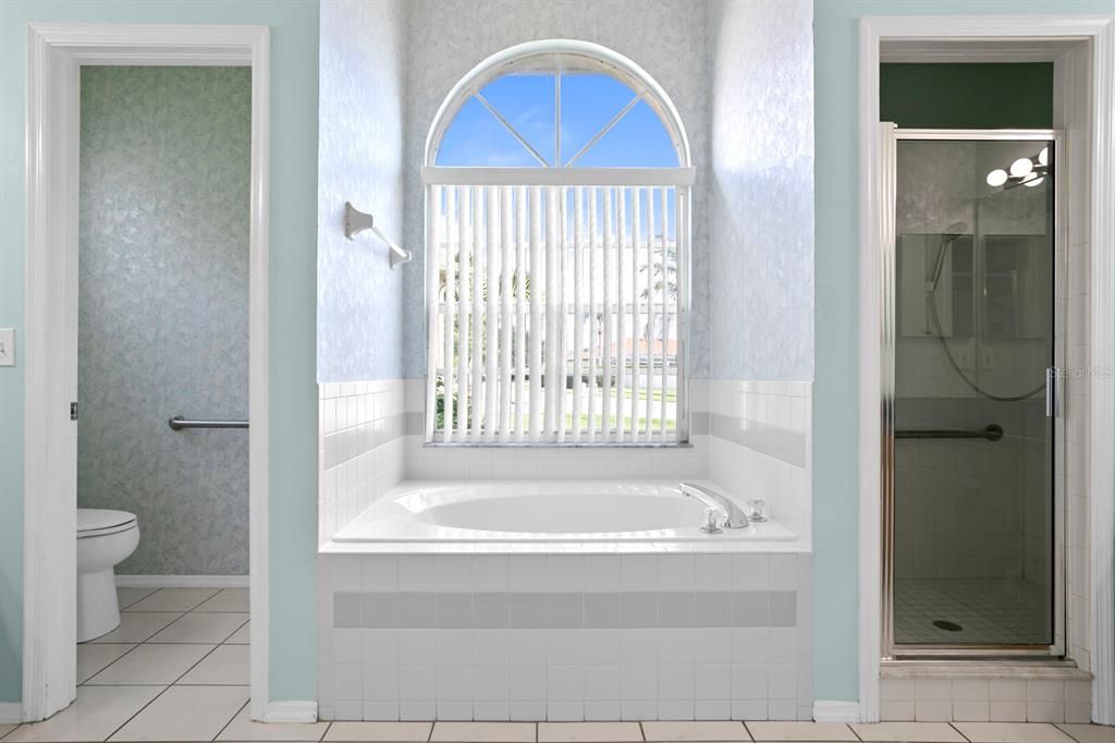 The primary bath features a large soaking tub and separate walk-in shower