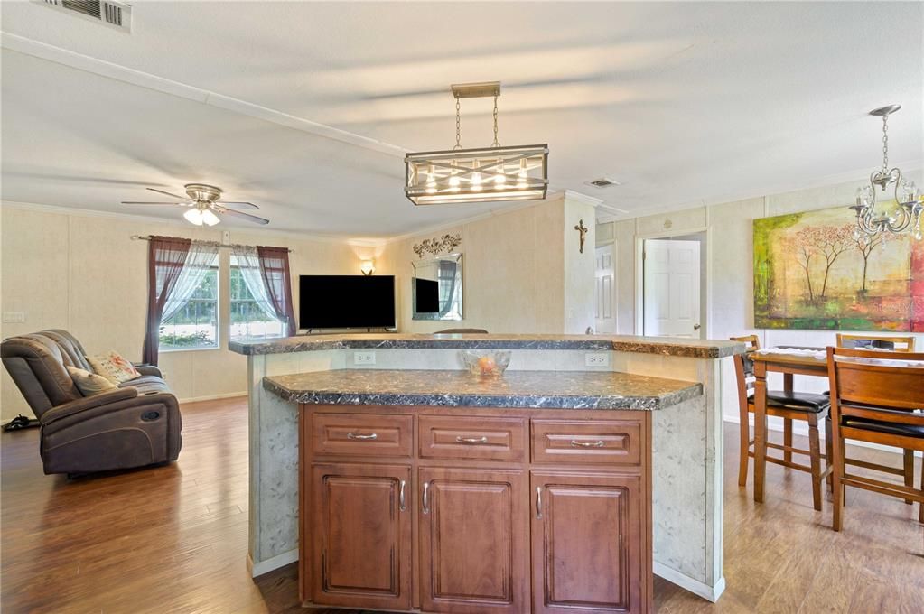 Open concept is great for entertaining. This newly installed breakfast bar adds extra countertop space.