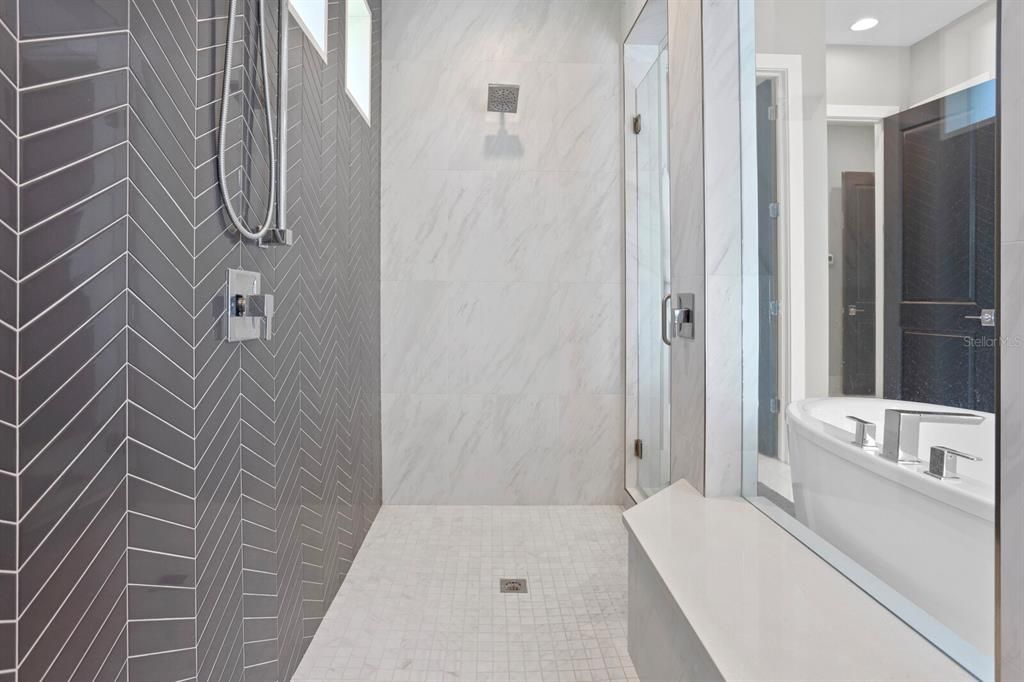 Double entry shower with multiple showerheads!