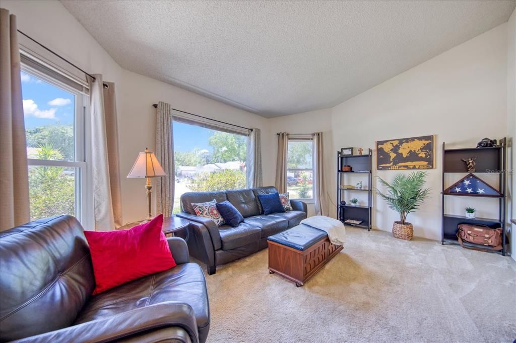 Front living room with vaulted ceiling is filled with natural light~