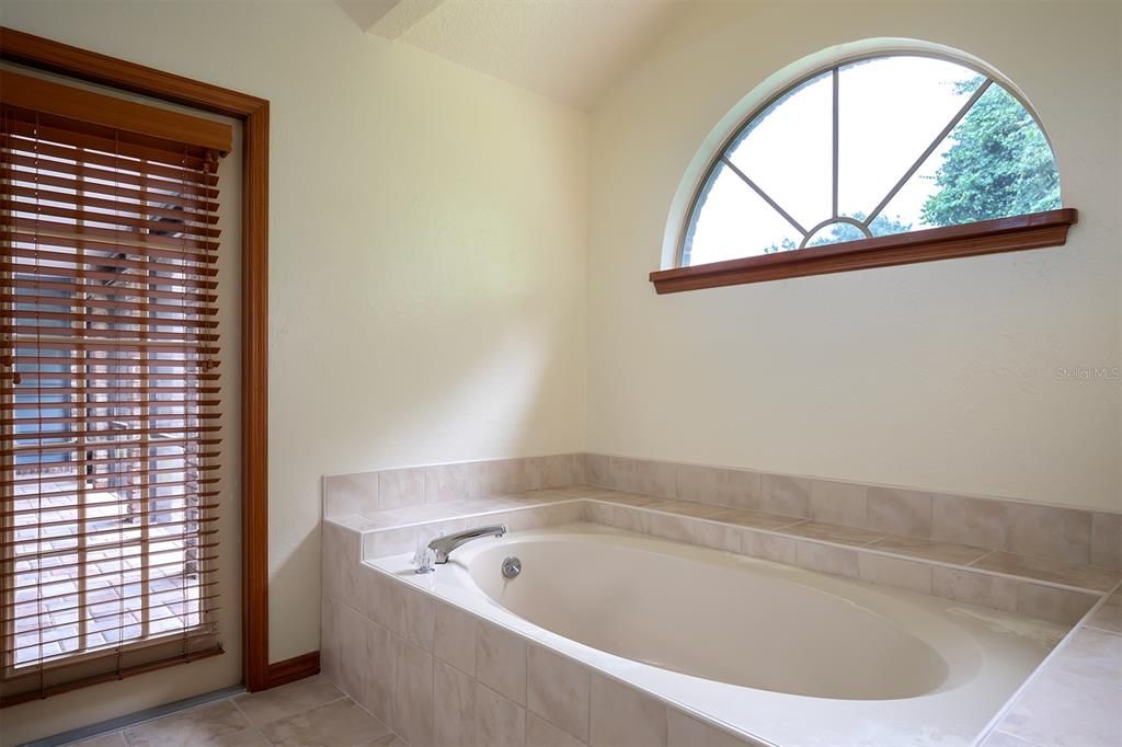 Garden Tub and door leading to the patio