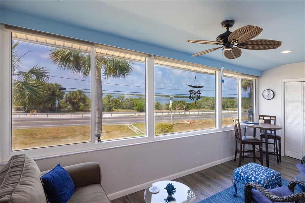 All weather sunporch with brand-new high impact window overlooks St. Joseph Sound & Caladesi Island.