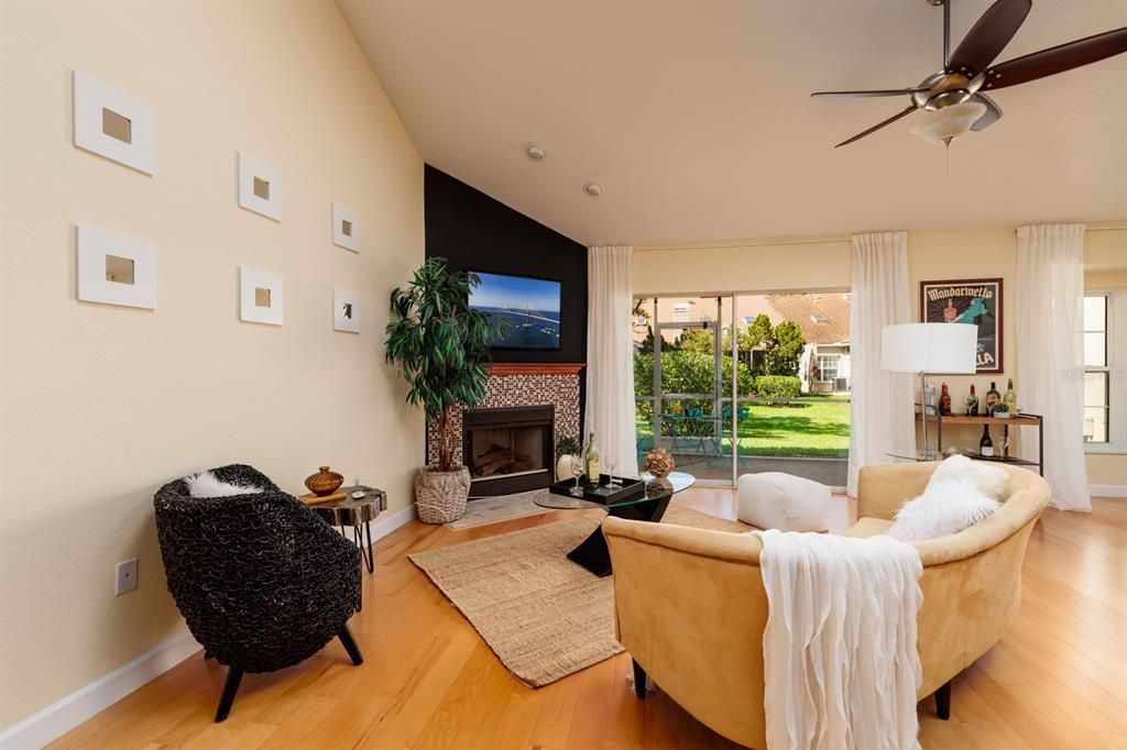 Living Room with Wood Burning Fireplace