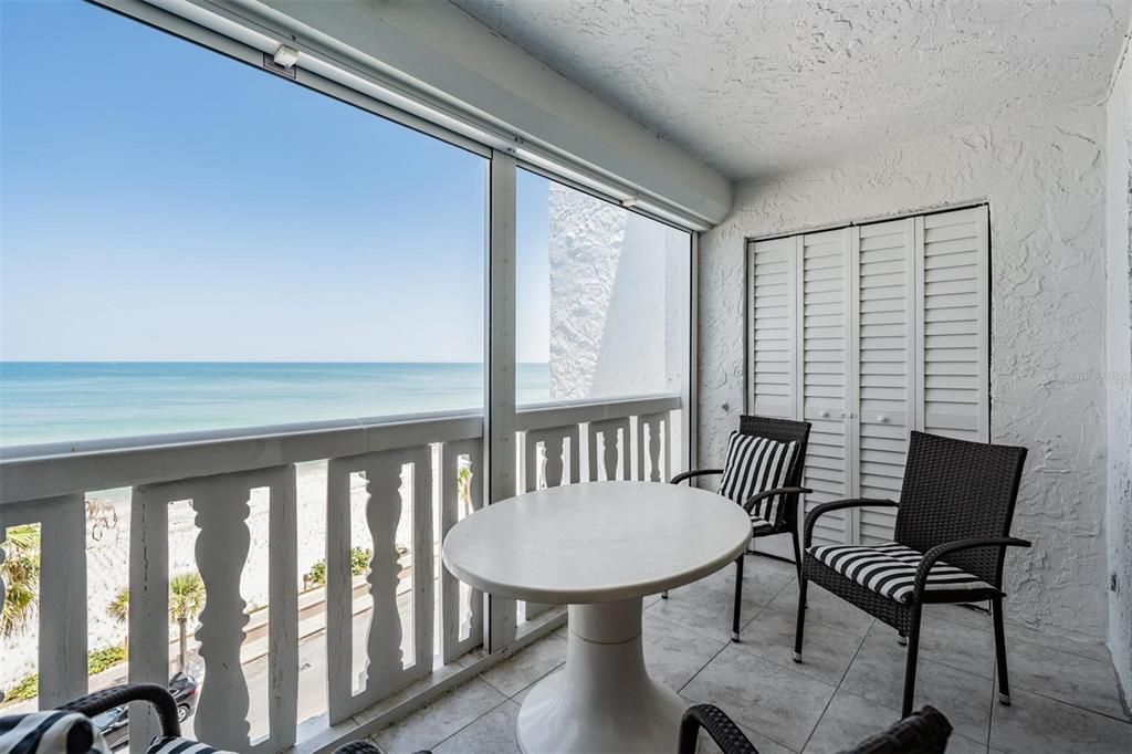 Large closet on balcony & hurricane shutters