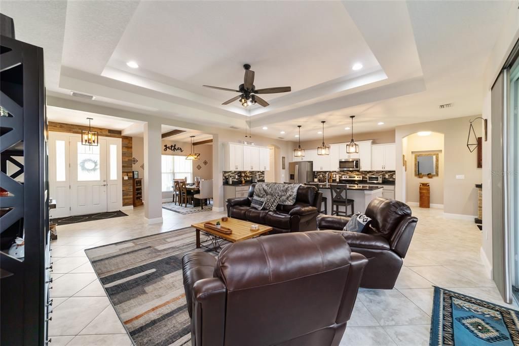 Great room, kitchen and dining room