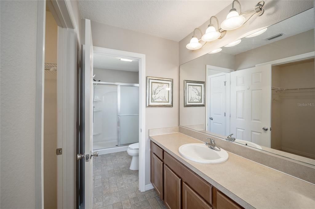 Hall to Private Privy and Shower with Closet and Single Vanity