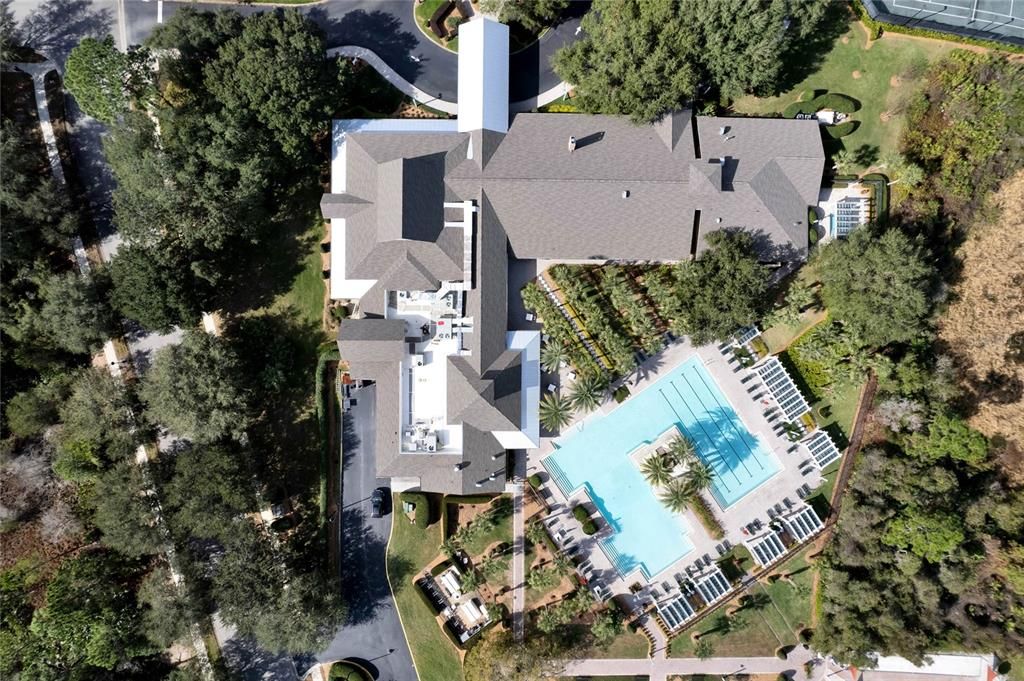 Aerial view from above the Victoria Gardens social clubhouse & resort style heated pool
