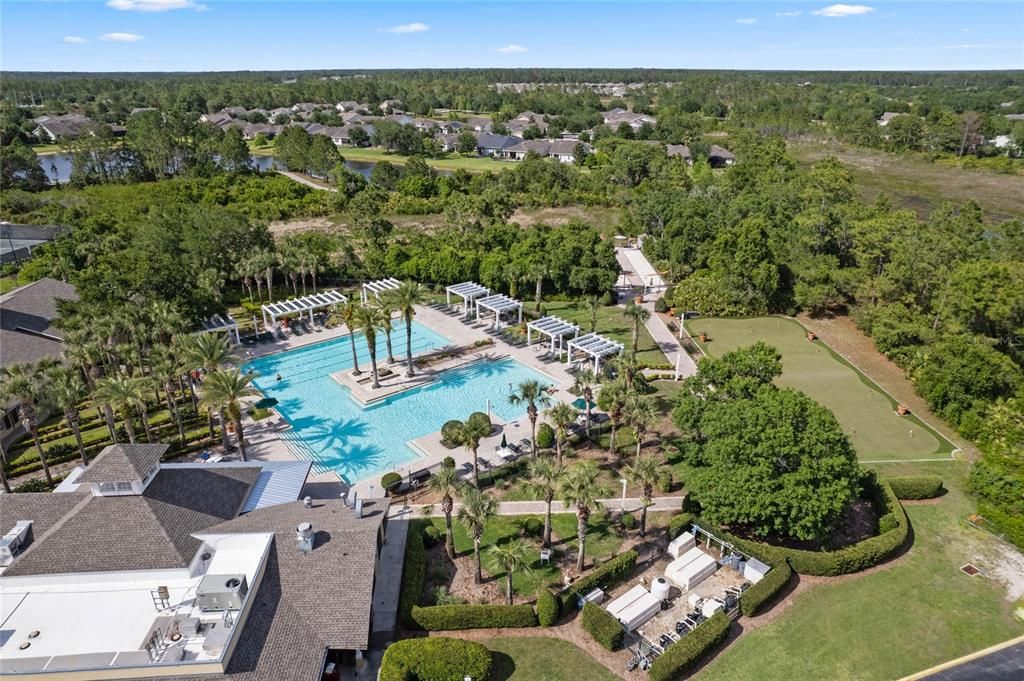 Aerial view of the Victoria Gardens private resort style heated pool, putting green & bocce ball courts