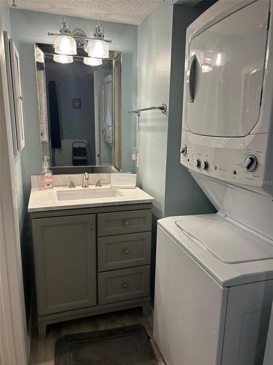 Vanity of Guest Bath + washer & dryer inside the condo.