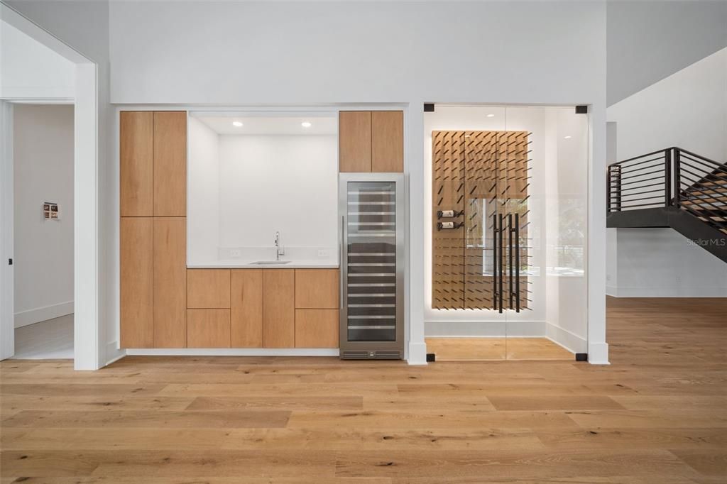 wet bar with wine tower