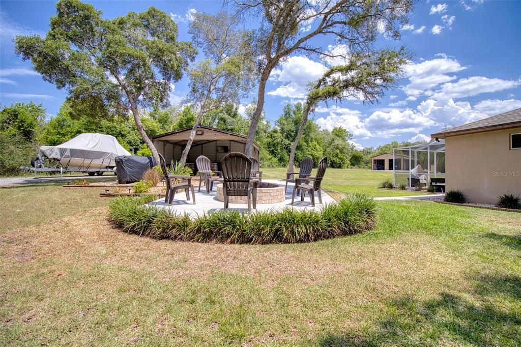 Fire pit in front of pavilion