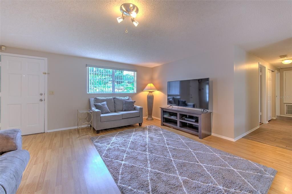 Front entry door, living room and hallway view