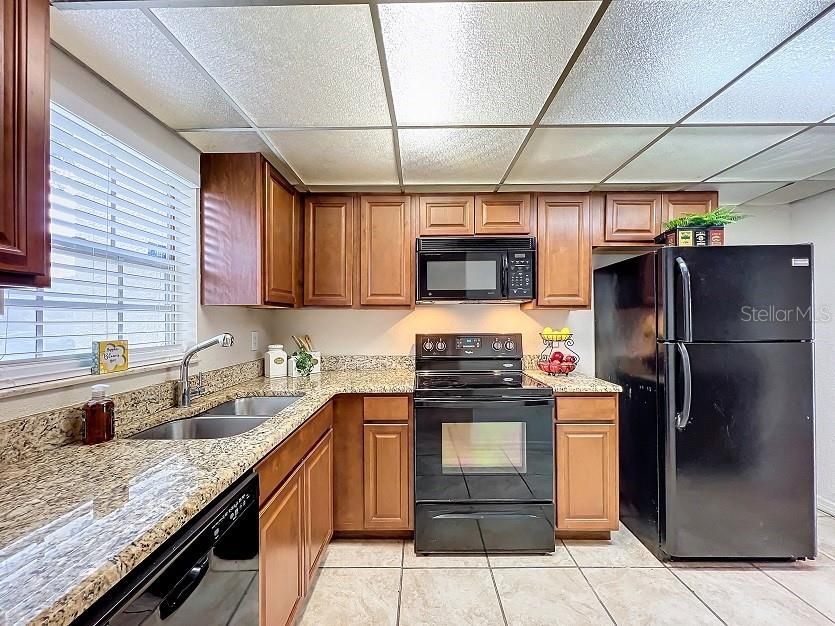 Granite counters, black appliances and rich looking cabinets