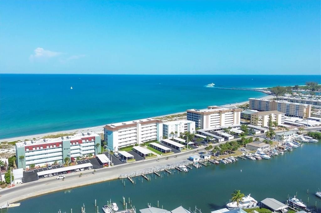 Pelican Bay in the foreground and the Gulf of Mexico in the background