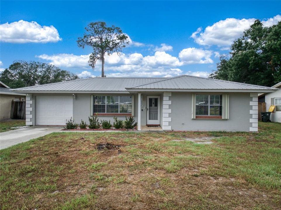 Front of home- metal roof