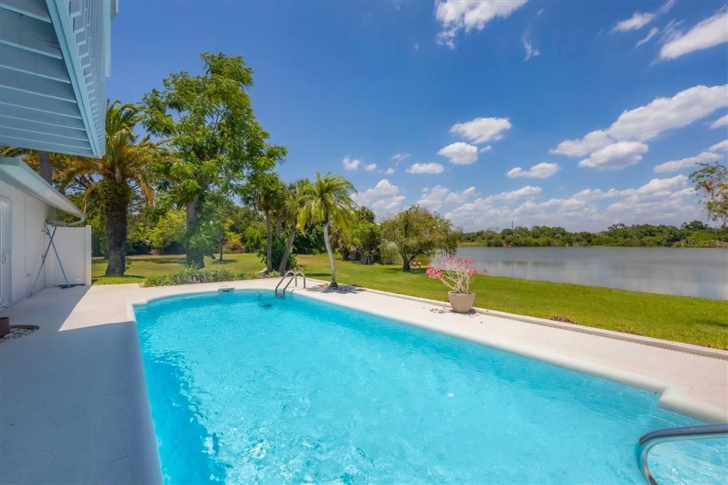 Pool with lake views