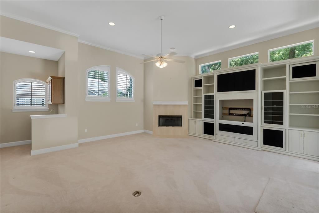 Family room fire place and wet bar