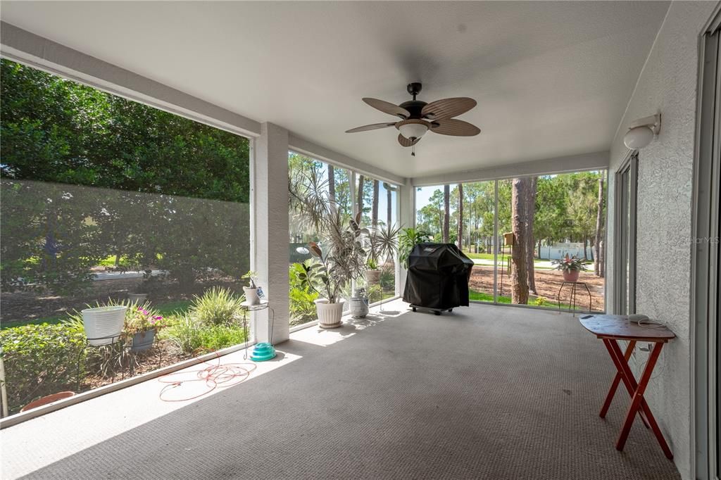 The 11x24 screened in lanai has floor to ceiling screens for a spectacular view and a ceiling fan for year round comfort.