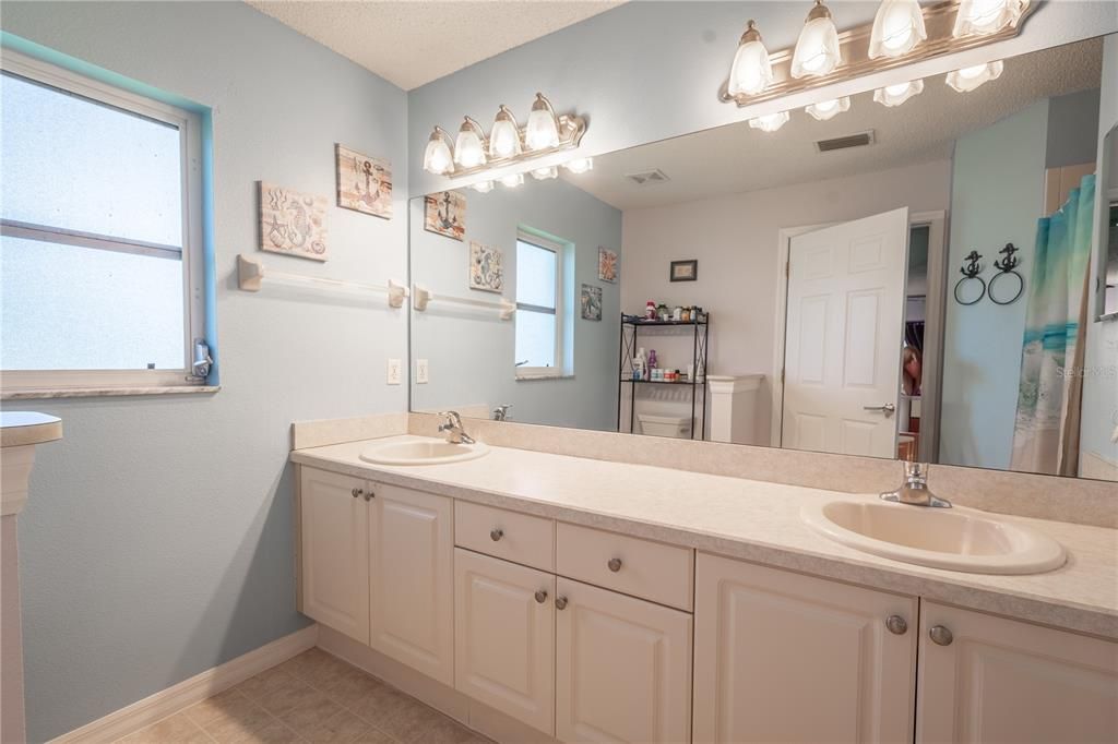 The primary bath features a mirrored vanity with dual sinks, storage and down light fixtures.