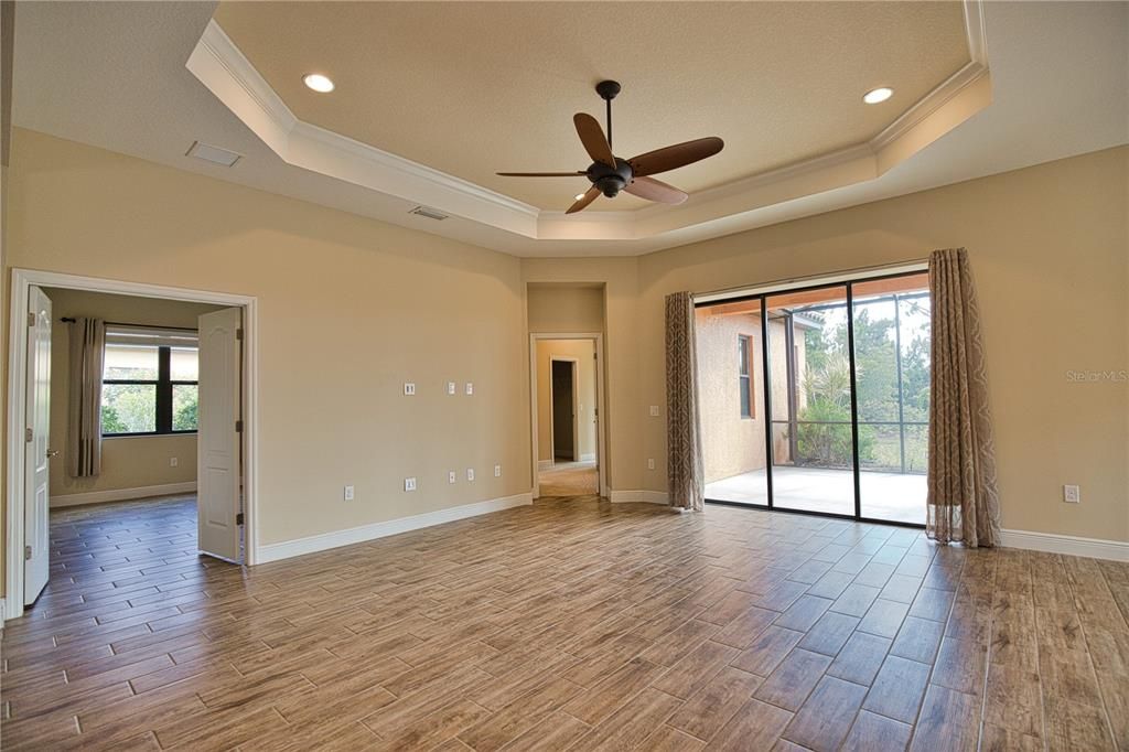 Great room showing entrance to office & owners suite