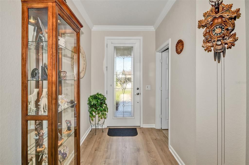 Foyer with Upgraded Leaded Glass Insert and Custom Shade on Front Door