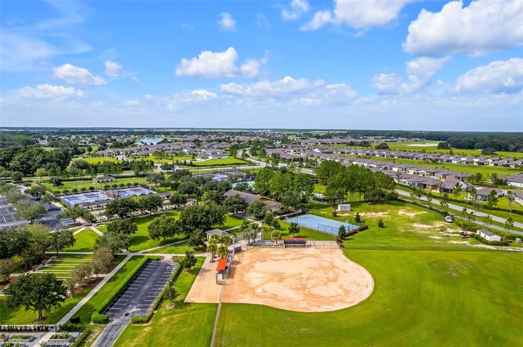 Stone Creek Softball Field, Raised Garden Area, Horseshoe Pits, Bocce, Tennis, and Pickleball Courts Courts, Dog Park, Pavilion, and Basketball Court