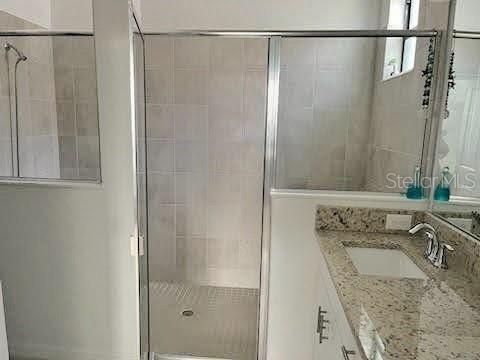 Spacious walk-in shower, natural light from window