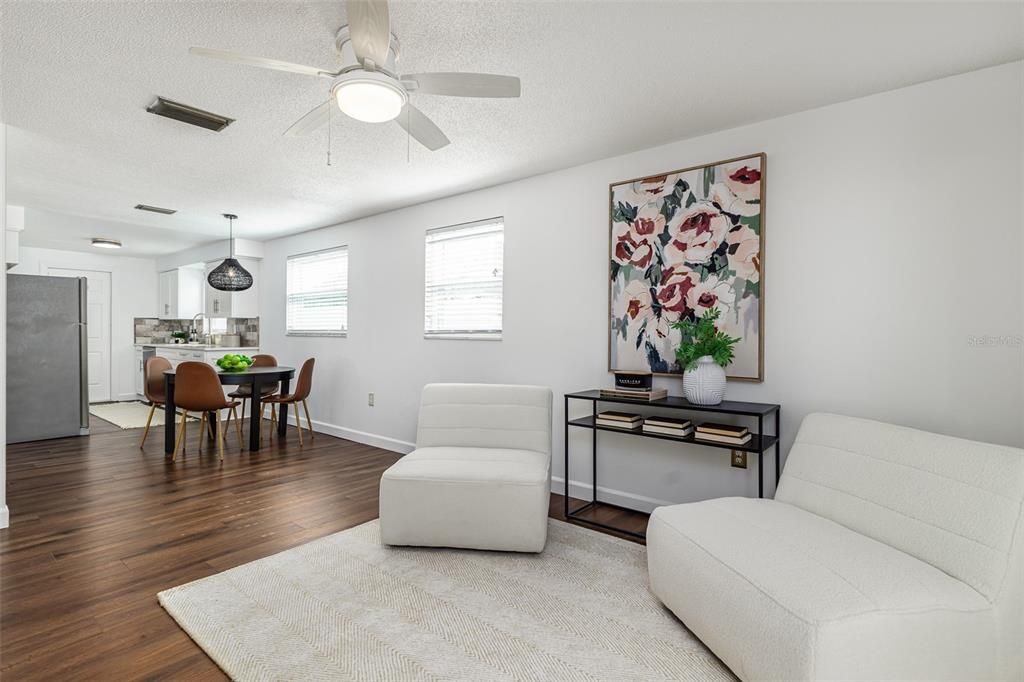 View into dinette space and kitchen