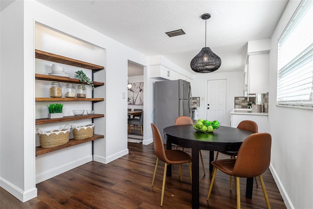 Dinette space with open shelving