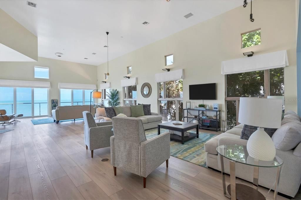 High ceilings and open floor plan.