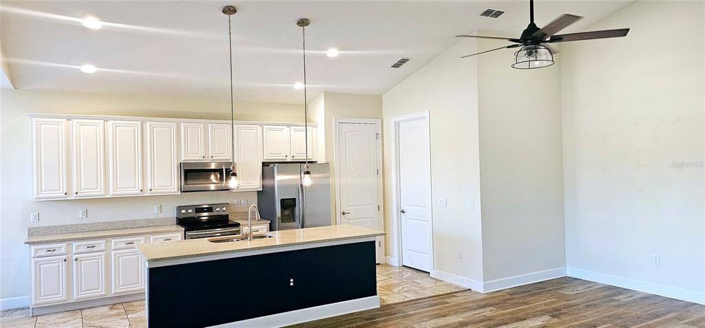 Beautiful open concept Kitchen with huge Quartz breakfast bar, Pendent and recessed lighting, 42" cabinets, SS appliances and separate Breakfast Nook.