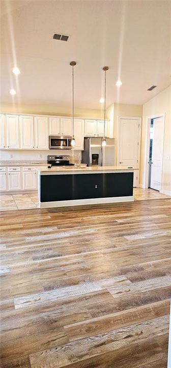 Open concept Great Room with vaulted ceiling with recessed lighting, ceiling fan, Luxury Vinyl flooring, and sliding doors leading to screened and paved Lanai.