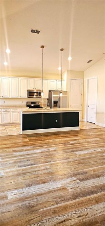 Open concept Great Room with vaulted ceiling with recessed lighting, ceiling fan, Luxury Vinyl flooring, and sliding doors leading to screened and paved Lanai.