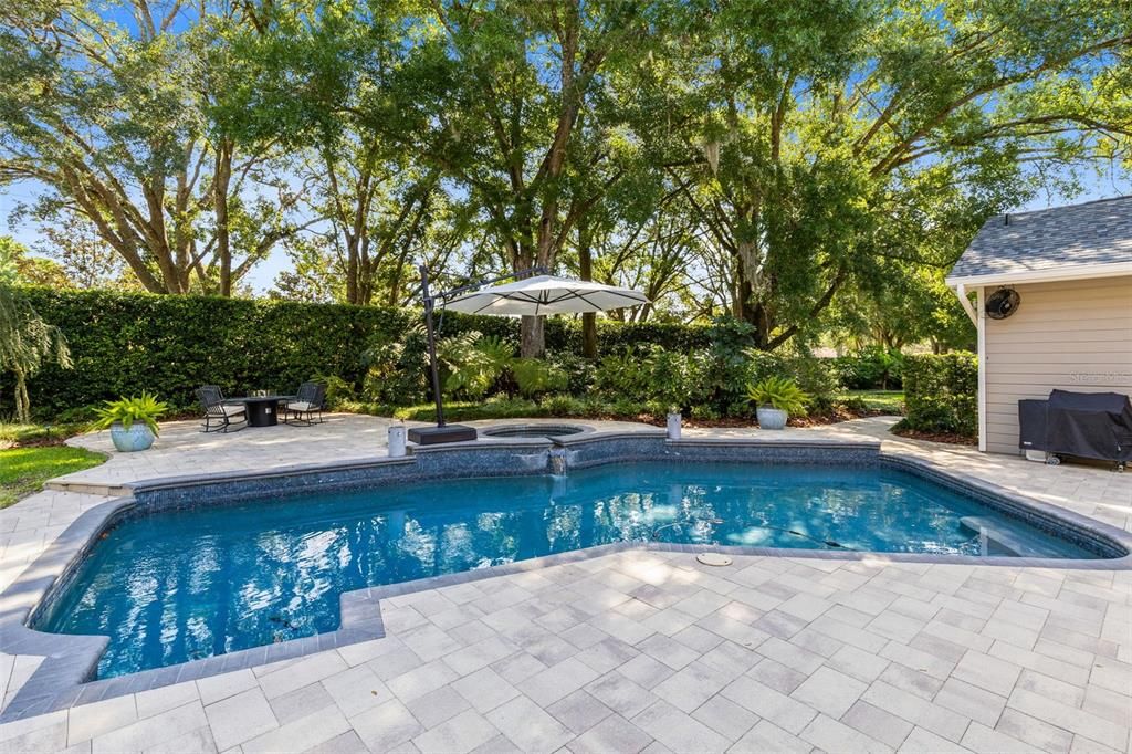 Beautiful pool with mosquito misters and fire bowls.